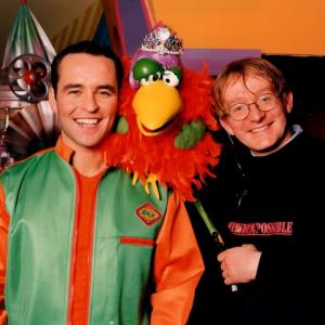 Steve Nallon, puppeteer on set of CRAZY COTTAGE with TV presenter Jez Edwards.