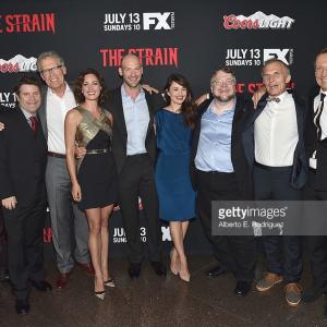 Actor Drew Nelson, actor Sean Astin, executive producer Carlton Cuse, actress Natalie Brown, actor Corey Stoll, actress Mia Maestro, executive producer Guillermo del Toro, actor Richard Sammel, actor Jonathan Hyde attend the premiere of FX's 'The Strain'