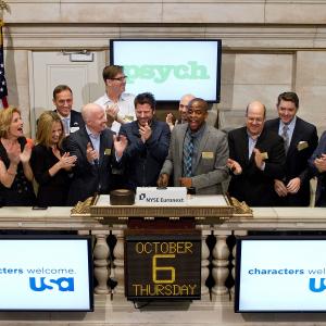 NYC, NY - USA Network's PSYCH rings in the NYSE bell (L-R) EP Kelly Kulchak, Kirsten Nelson, Maggie Lawson, NYSE VP, USA Co-Pres Chris McCumber, EP Steve Franks, James Roday, EP Chris Henze, Dule Hill, USA CoPres Jeff Wachtel, Timothy Omundson, C. Bernsen