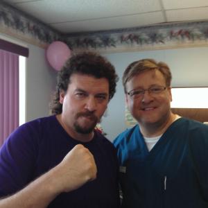 EASTBOUND & DOWN: Patt Noday: (right)as Dr. Scott Robertson, seen kidding around with thee Kenny Powers (Danny McBride) between takes while filming the 4th season of the hilarious HBO series 