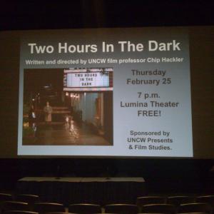 TWO HOURS IN THE DARK: Patt Noday: snaps a quick screen-shot before the UNCW world premier of Chip Hackler's special Frank Capra story, featuring voice-over work from Patt Noday.