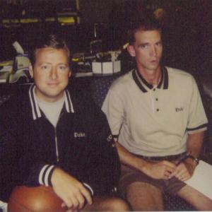 PATT NODAY at left with Rick Forrester while filming onlocation at DUKE University in Durham NC inside Coach Ks actual office for ESPNs popular Be a Fan TV campaign!