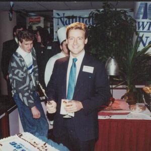 PATT NODAY center appearing live in Wilmington North Carolina in 1990 to cut the cake at the big Action News26 kickoff party for CBS Television!