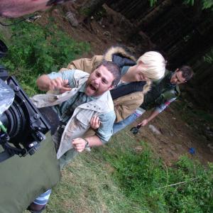 Andy Nyman, Laura Harris & Danny Dyer shooting the 'leg' sequence in 'Severance'