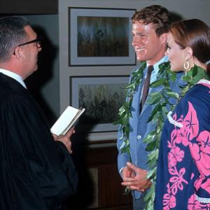 Ryan O'Neal with wife Leigh Taylor Young on their wedding day in Maui, 1966