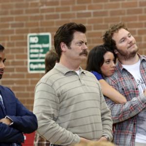 Still of Nick Offerman Aziz Ansari and Aubrey Plaza in Parks and Recreation 2009