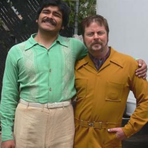 Frank Merino Luis and Nick Offerman Rob on the set of Comedy Centrals American Body Shop