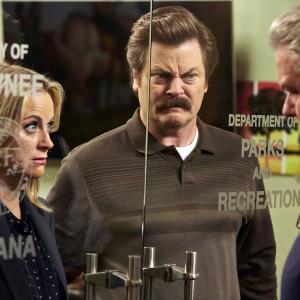Still of Jim OHeir Nick Offerman and Amy Poehler in Parks and Recreation 2009