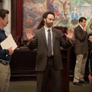 Still of Jon Glaser, Nick Offerman and Amy Poehler in Parks and Recreation (2009)