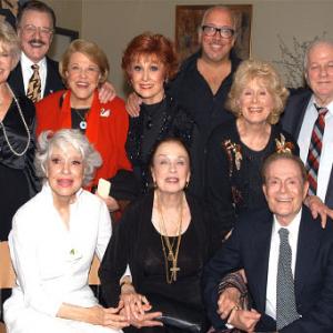 Broadway The Golden Age director Rick McKay with cast members Janis Paige Robert Goulet Kaye Ballard Carol Lawrence Rick McKay Gretchen Wyler Charles Durning Carol Channing Patricia Morison and Jerry Herman at a sneak preview 41903 at the Laemmle Camelot Theatre in Palm Springs