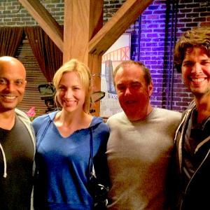 David Paladino on the set of TNT's Leverage with Series Regular Beth Riesgraf, director John Harrison and fellow Guest Star, Taylor Anthony Miller.