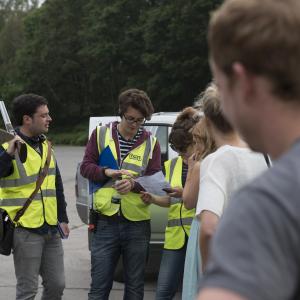 Abner Pastoll (left) with first assistant director Adam Jackson, 3rd assistant director Hayley Garwood and actress Joséphine de La Baume - shooting ROAD GAMES on location.