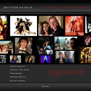 Top page of Matthew Patrick.com website. Clips from movies. Descriptions of new projects. Interactive movie demo.