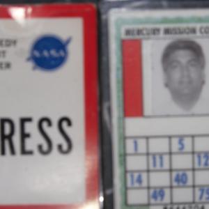 On the left my Reporters badge from Armageddon on the right my astronaut badge for Cape Canaveral 1961 in Tom Hanks tv miniseries From The Earth To The Moon