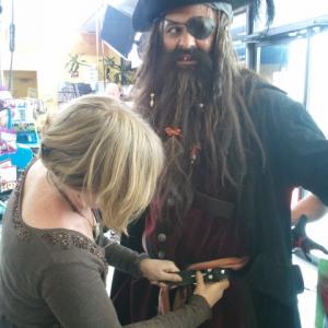 Adjusting detail on Pirate Costume designed for Colorado Lottery commercial