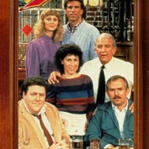 Ted Danson Shelley Long John Ratzenberger George Wendt Nicholas Colasanto and Rhea Perlman in Cheers 1982