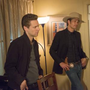 Still of Timothy Olyphant and Jacob Pitts in Justified 2010