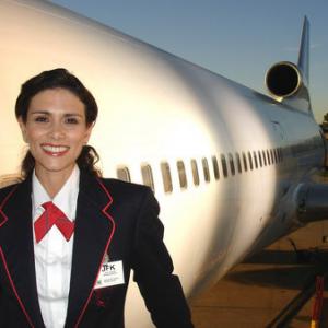 Melissa Ponzio on set as the Flight Attendant on the FX network series 