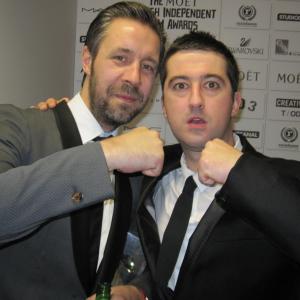 Paddy Considine & Paul Popplewel celebrate winning Best Film for 'Tyrannosaur' at The British Independent Film Awards