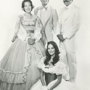 The cast of the stage production of Gone With the Wind, 1973: Udana Power, Terence Monk, Lesley Ann Warren, and Pernell Roberts.