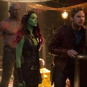 Still of Chris Pratt Zoe Saldana and Dave Bautista in Galaktikos sergetojai 2014