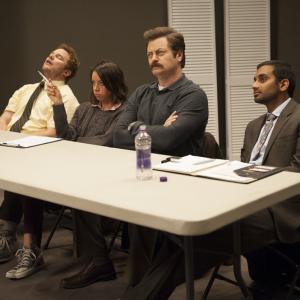 Still of Nick Offerman Chris Pratt Colleen Hayes Aziz Ansari Aubrey Plaza and Andy Dwyer in Parks and Recreation 2009