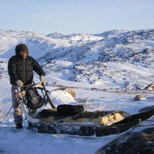 On dog sled while shooting in Greenland