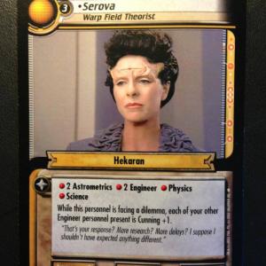 Star Trek trading card Serova commits suicide to prove that Warp Drive is polluting the solar system THEN they believe her 