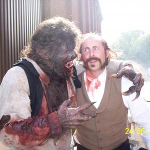 Curtis Rivers fooling around with 'The Wolfman' outside J Stage, Pinewood Studios, 2008.