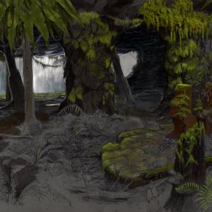 Waterfall grotto set concept drawing- We used actual water combined with playback of waterfalls to achieve the effect.
