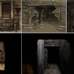 These are designs (top) and photos (lower) of a rotting tomb set. I designed floating ceiling slabs with huge cracks in them that allowed as to skiff dirt and detritus down on our actors, while looking very precarious.