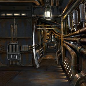 Narrow corridor for robotic ship interior.I built corridors at less than 3' across with low pipes and gears throughout to lend to the idea that the environment wasn't meant for people.