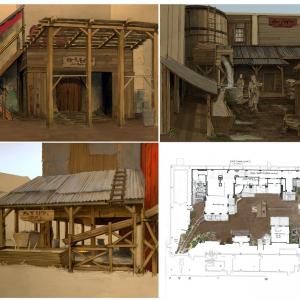 design sketches and plan layout for a rustic mining village in the John Thomas FX Stage