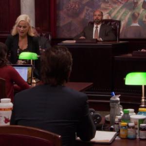 Kevin appearing as Mr Allenbach with Amy Poehler on PARKS AND RECREATION episode The Trial of Leslie Knope