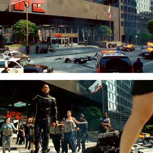 HANCOCK: Will Smith as the unusual superhero Hancock, saves the day at a bank heist in downtown L.A.