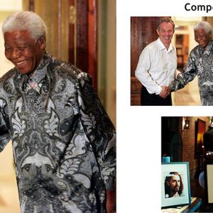 DINNER FOR SCHMUCKS Oh my God hes friends with Morgan Freeman!  A photo composite of Jemaine Clement as artist Kieran Vollard meeting Nelson Mandela