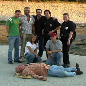 Stephen J. Cannell with crew from 'Cold Hit': Mindy Cannon-Producer, Brent Roske-Director, Cliff Hsui-DP, Charlene Wee-MakeUp, Jo Swerling-Actor/Writer