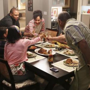 Still of Laurence Fishburne Anthony Anderson Tracee Ellis Ross Yara Shahidi and Marcus Scribner in Blackish 2014
