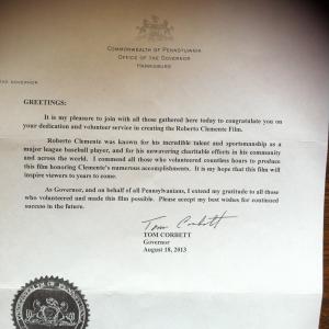 Commendation from Governor of Pennsylvania for Richard Rossis Roberto Clemente film Baseballs Last Hero 21 Clemente Stories