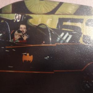 Richard Rossi & his son Joshua Rossi sitting in the Batman 66 Batmobile.