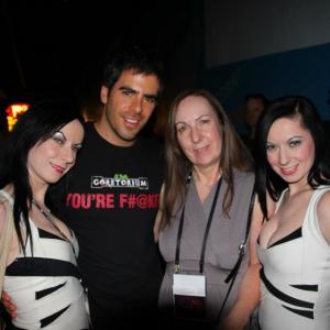 Sylvia far right with her twin sister Jen far left and their mother Agnes middle right and Eli Roth middle left at Fantastic Fest