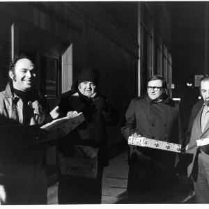 Left to Right Don Schain Director Dick Ashe Assistant Director Ralph Desiderio Producer and Ed Lapidus Production Manager at the wrap of A Place Called Today