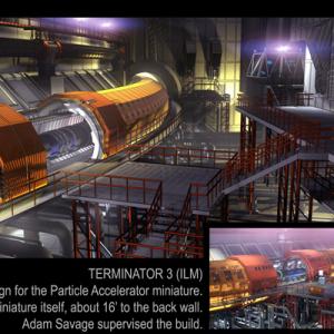 My 3D design for the Particle Accelerator from Terminator 3 (after Jeff Mann). Inset, the miniature that was built from it. Adam Savage supervised the build, which I art directed.