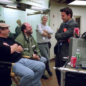 Left to right Director Roger Michell producer Scott Rudin and Ben Affleck on the set of Changing Lanes