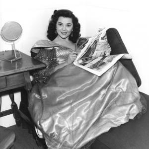 Ann Rutherford in her dressing room during the filming of Adventures of Don Juan