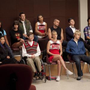 Still of Lea Michele Naya Rivera Mark Salling Cory Monteith Kevin McHale Chris Colfer Jenna Ushkowitz Amber Riley and Chord Overstreet in Glee 2009