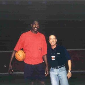 David Salzberg with Hakeem Olajuwon NBA Hall of Fame on location University of Houston, TX