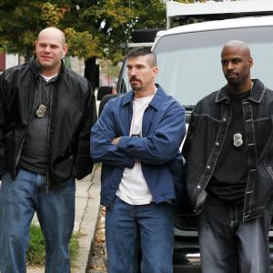 On the set of The Wire. From left, Domenick Lombardozzi, Benjamin Busch and Ryan Sands
