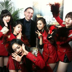 Producer Craig Santy back stage with the Korean pop group Girls Day performing live on a global Chinese New Year broadcast from Beijing China