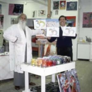 Sri Swami Satchidananda with famed pop Artist and devotee Peter Max